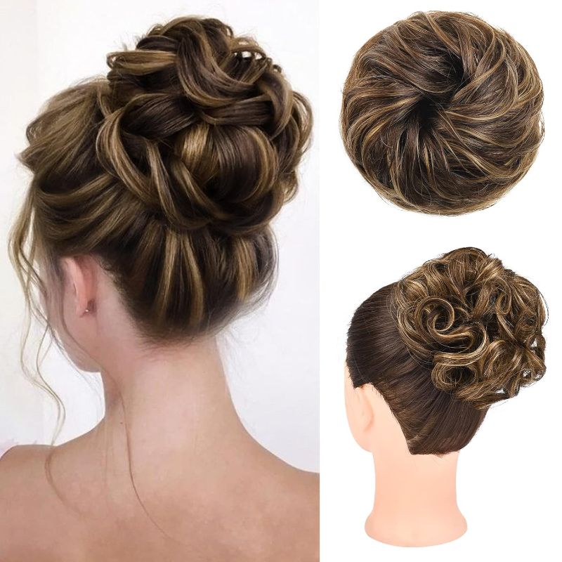 Photo 1 of HOOJIH Messy Bun Hair Piece, 100% Real Human Hair Tousled Updo Extension Natural Curly Messy Bun with Elastic Band Hair Bun Hair Piece for Women Ponytail Extensions - Medium Brown with Highlights