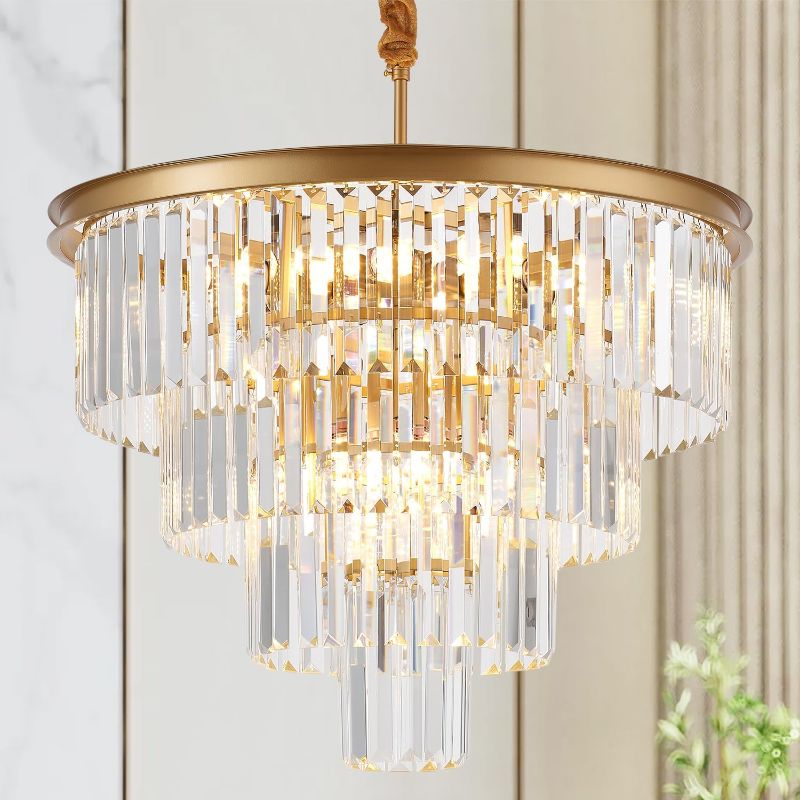 Photo 1 of 4-Tiers 23.6" Gold Crystal Chandelier Modern 12-Light Contemporary Crystal Pendant Chandeliers Light Fixture Crystal Hanging Lighting for Dinning Room Entryway Bedroom Foyer High Ceiling