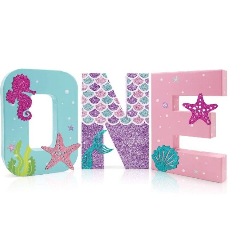 Photo 1 of Mermaid ONE Letter Sign Little Mermaid First Birthday Decorations Cake Smash