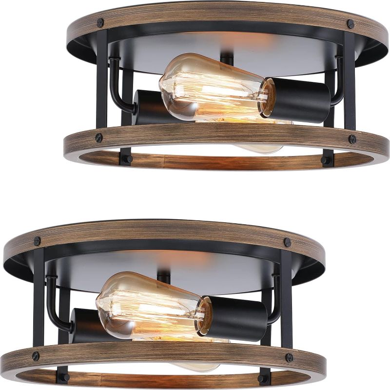 Photo 1 of 2 Pack Farmhouse Ceiling Light Fixture,Super Bright E26 Base 2-Light Hallway Light Fixtures Ceiling,Anti-Corrosion Wood and Black Flush Mount Ceiling Light for Hallway, Kitchen,Entry,Porch Etc
