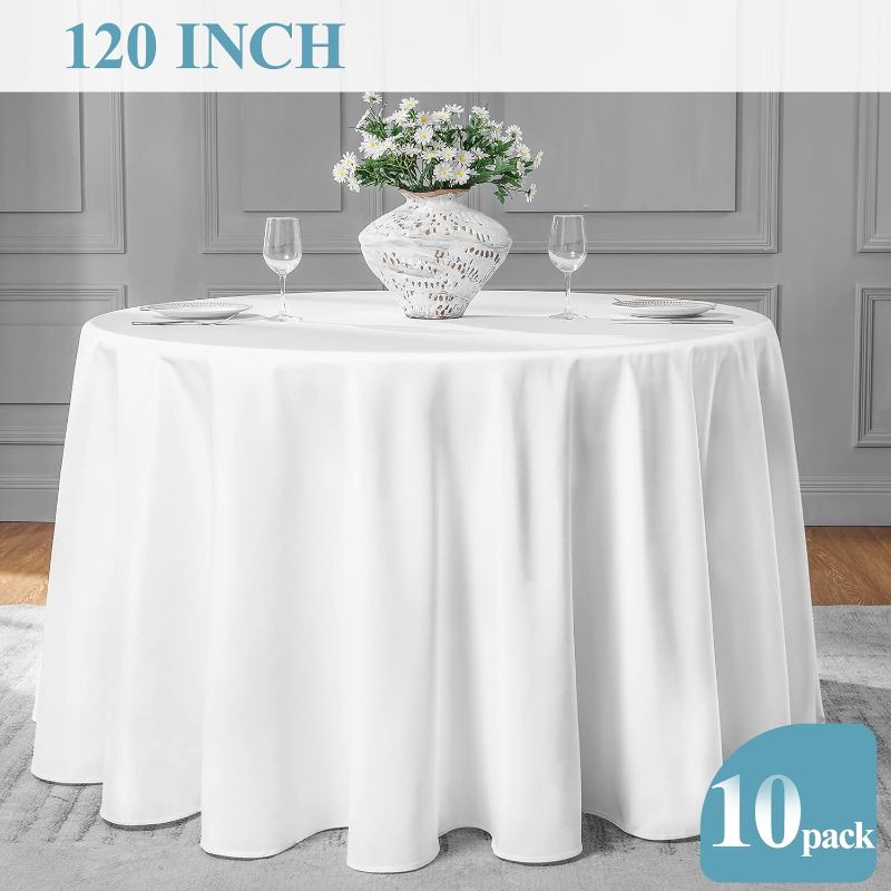 Photo 1 of 10 Pack 120inch Round Tablecloth Polyester Table Cloth?Stain Resistant and Wrinkle Polyester Dining Table Cover for Kitchen Dinning Party Wedding Rectangular Tabletop Buffet Decoration(White)