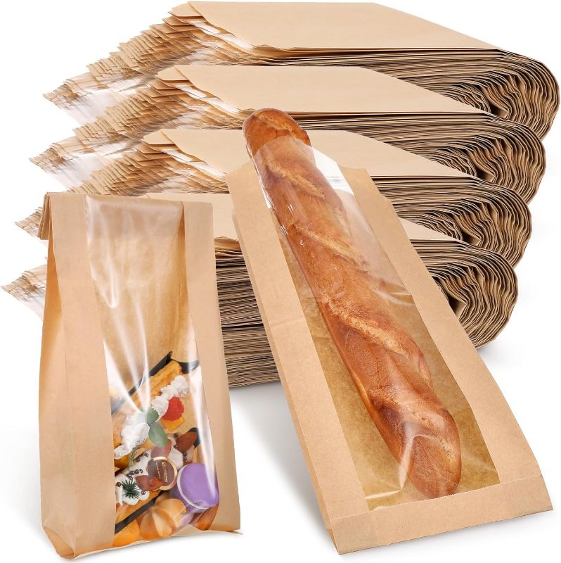 Photo 1 of 200 Pieces Paper Bread Bag with Window for Homemade Bread Bags Baguette Bags Brown Kraft Loaf Storage Sacks Long French Bread Bags Bread Biscuits Packaging (6.5 x 2 x 18 Inch)
