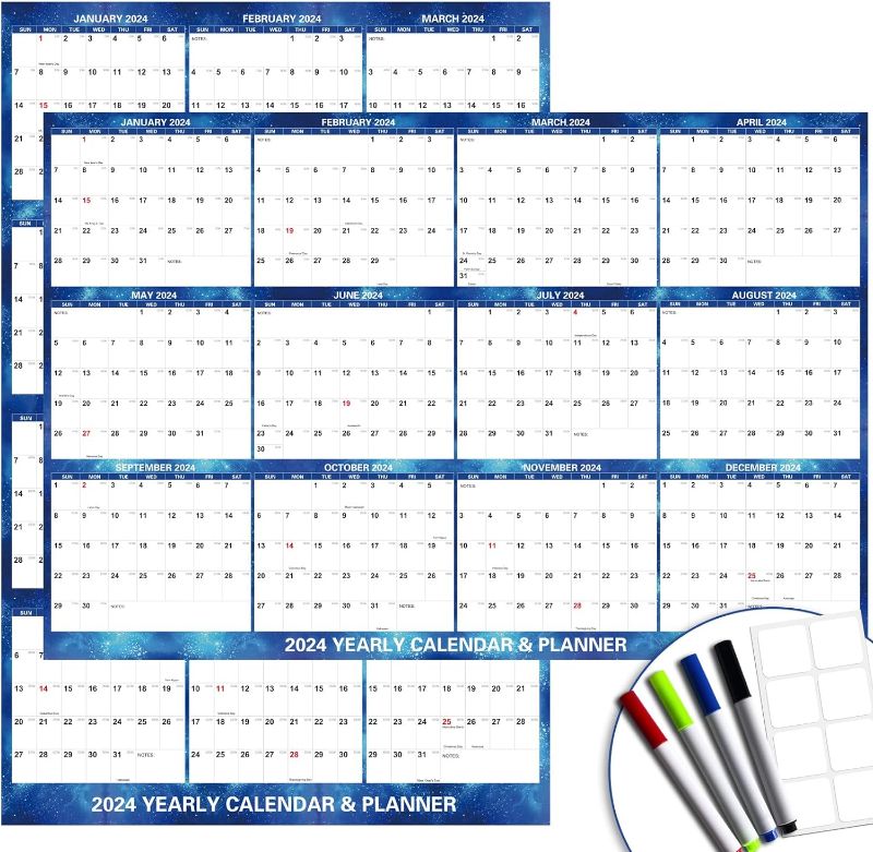 Photo 1 of 24" x 36" DLY Oasis 2024 Wall Calendar Dry Erase - Starry Sky Calendar Wet & Dry Erasable Laminated 12 Month Annual Yearly Planner, Reversible, Horizontal/Vertical (Blue)
