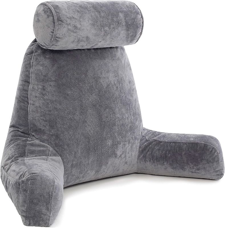 Photo 1 of  XXL Dark Grey Backrest with Arms - Adult Reading Pillow Shredded Memory Foam, Ultra-Comfy Removable Microplush Cover & Detachable Neck Roll, Unmatched Support Bed Rest Sit Up Pillow