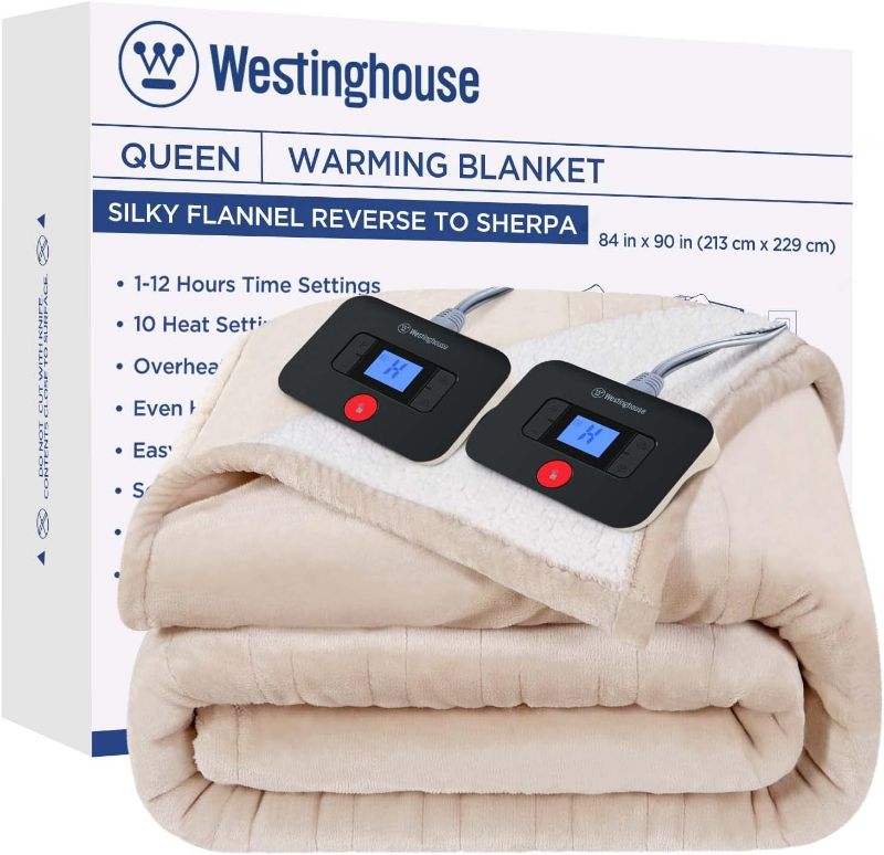 Photo 1 of ** FOR PARTS ** * HEATING NOT WORKING ** Westinghouse Electric Blanket Heated Blanket | 10 Heating Levels & 1 to 12 Hours Heating Time Settings | Flannel to Sherpa Reversible 84x90 Queen Size | Machine Washable, Beige Beige Queen 84"x90"