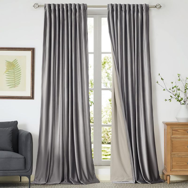Photo 1 of 100% Full Blackout Silver Grey Velvet Curtains 96 inch Long for Living Room,Set of 2 Panels Liner Rod Pocket Back Tab Thermal Window Curtains Room Darkening Heavy Decorative Drapes for Bedroom Silver Grey 52x96 inches