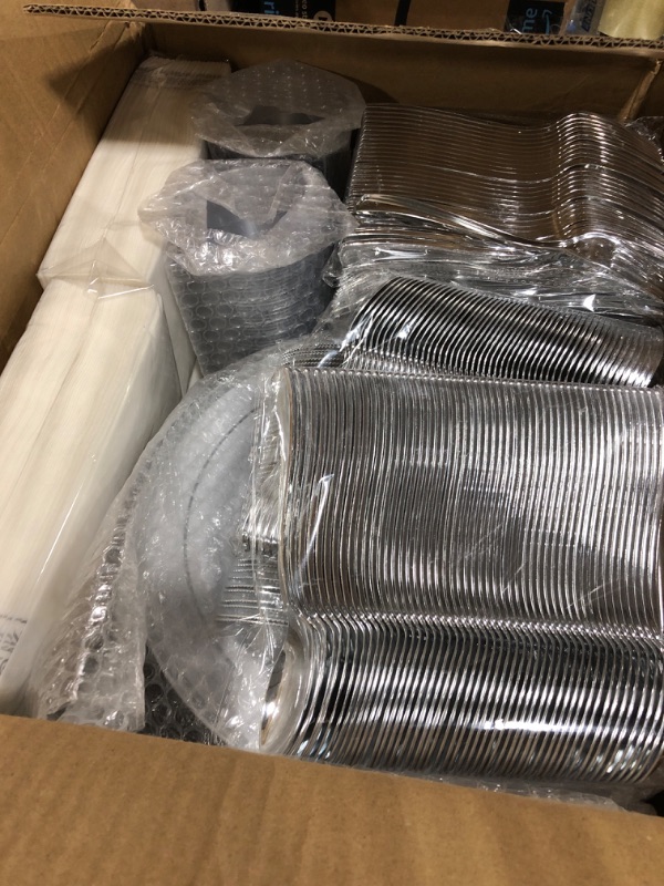 Photo 1 of 700 Piece Silver Dinnerware Set for 100 Guests, disposable Plastic Plates for Party, Include: 100 Silver Rim Dinner Plates, 100 Dessert Plates, 100 Paper Napkins, 100 Cups, 100 Plastic Silverware set Silver 100 Guests