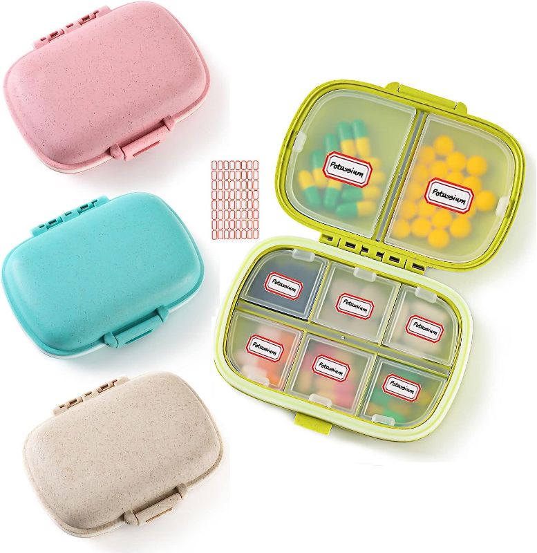 Photo 1 of 4 Pack Pill Organizer, Daily Pill Case with Label, 8 Compartment Travel Pill Box for Pocket Purse, Medicine Case, Waterproof Portable Pill Supplement Case, Pill Container to Hold Vitamin
