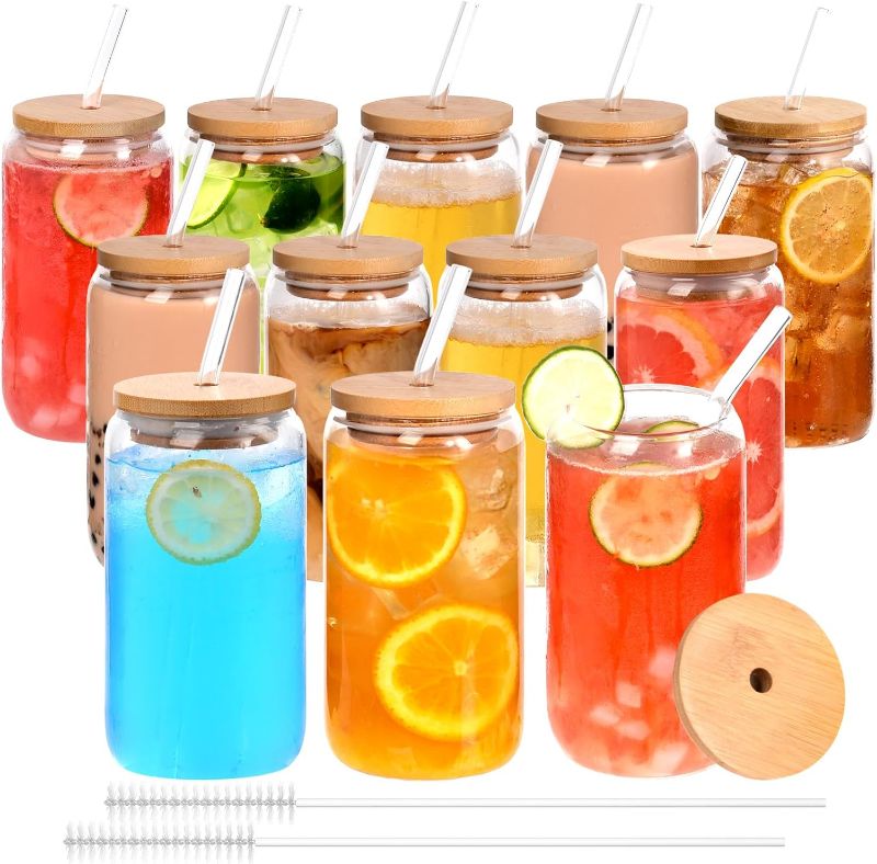 Photo 1 of 12pcs Glass Cups with Bamboo Lids and Glass Straws Set-16oz Can Shaped Drinking Glasses, Beer Glasses, Iced Coffee Glasses, Cute Tumbler Cup, Ideal for Whiskey,Cocktail,Wine,Gift-2 Cleaning Brushes

