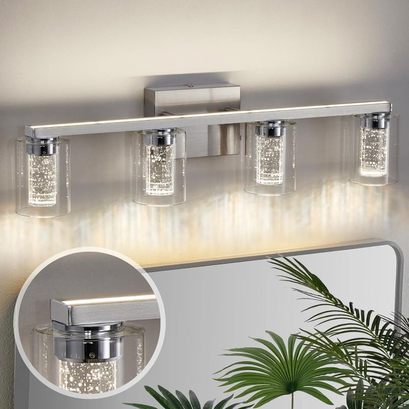 Photo 1 of 4 Light Bathroom Vanity Lights, Modern Crystal Brushed Nickel Bathroom Light Fixtures Wall Mount, Dimmable White/Neutral/Warm LED Bathroom Lights Over Mirror
