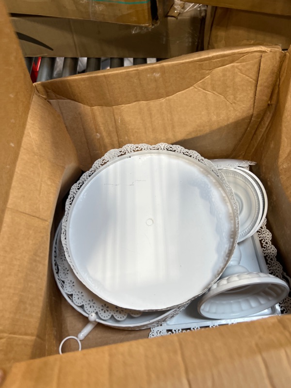 Photo 1 of White Metal Cake Stand Set – 5pc Dessert Table Display Set with 12-inch Cake Stand, 3-Tier Serving Tray, 2-Tier Cake Stand, Cake Platter, Pedestal Cake Stand for Weddings/Birthdays/Baby Shower
