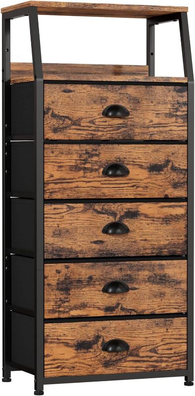 Photo 1 of Furnulem Tall 5 Drawers Dresser, Vertical Storage Tower Fabric Dresser for Bedroom, Hallway, Entryway, Nursery, Closet Organizer, Nightstand Bedside Table Furniture, Sturdy Steel Frame, Wood Top