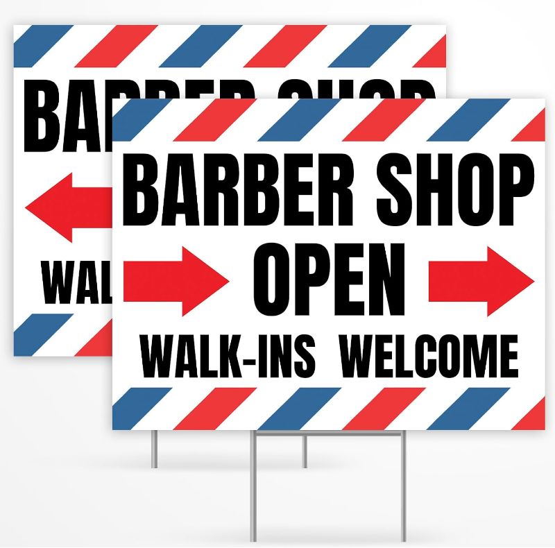 Photo 1 of 2PC Barber Shop Sign with Stakes, 17 Inches by 13 Inches - Double Sided Signs - Corrugated Plastic - Barbershop Signs for Business Outside