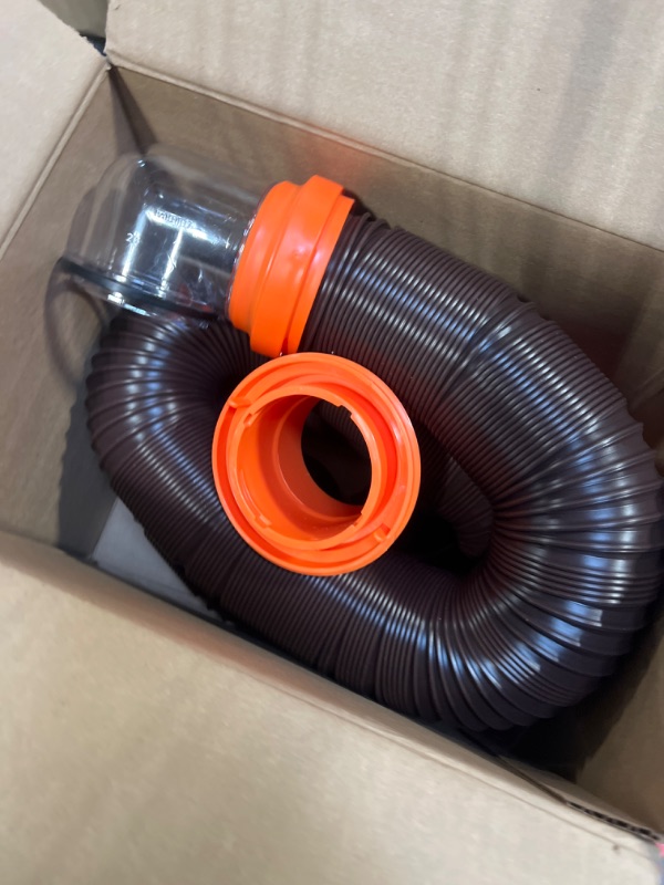 Photo 3 of Camco RhinoFLEX RV Sewer Hose Kit with Swivel Transparent Elbow and 4-in-1 Dump Station Fitting, Brown, 15 Feet (39770) 15ft Sewer Hose Kit Frustration-Free Packaging