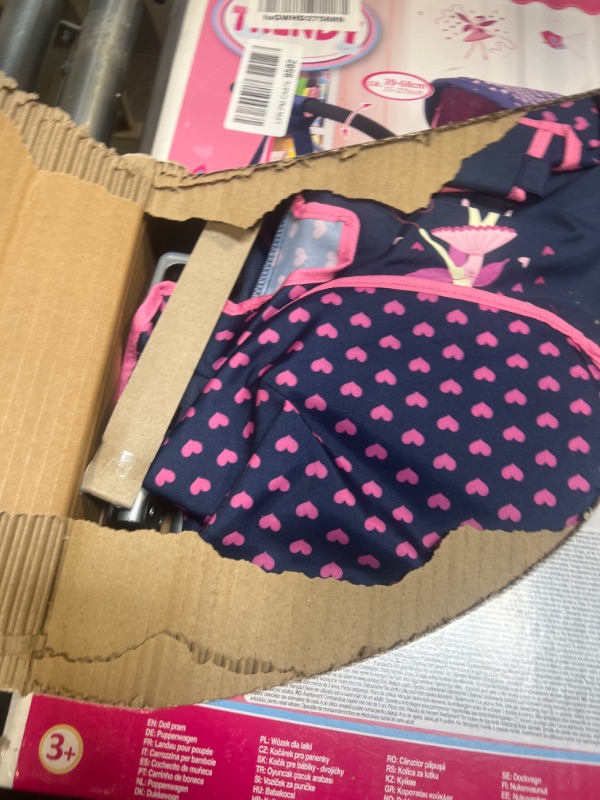 Photo 1 of Bayer Design Dolls: Trendy Pram - Blue, Pink, Hearts - Includes Shoulder Bag, Fits Dolls Up to 18", Adjustable Handle, Kids Pretend Play, Shopping Basket, Easy to Fold, Ages 3+