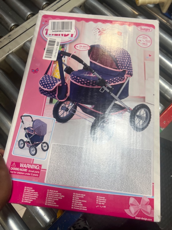 Photo 2 of Bayer Design Dolls: Trendy Pram - Blue, Pink, Hearts - Includes Shoulder Bag, Fits Dolls Up to 18", Adjustable Handle, Kids Pretend Play, Shopping Basket, Easy to Fold, Ages 3+