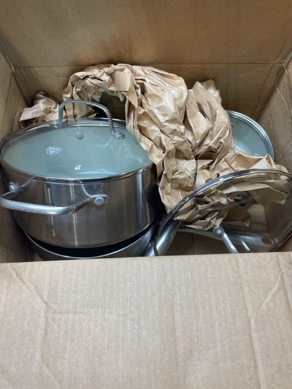 Photo 3 of **USED** GreenLife Tri-Ply Stainless Steel Healthy Ceramic Nonstick, 10 Piece Cookware Pots and Pans Set, PFAS-Free, Multi Clad, Induction, Dishwasher Safe, Oven Safe, Silver