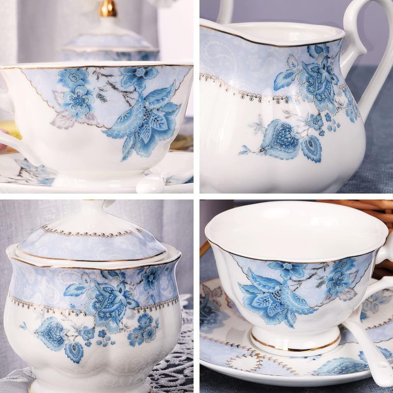 Photo 1 of **SIMLAIER** fanquare Blue Flowers Porcelain Tea Set,Tea Cup and Saucer Set,Service for 6,Wedding Teapot Sugar Bowl Cream Pitcher,China Coffee Set
