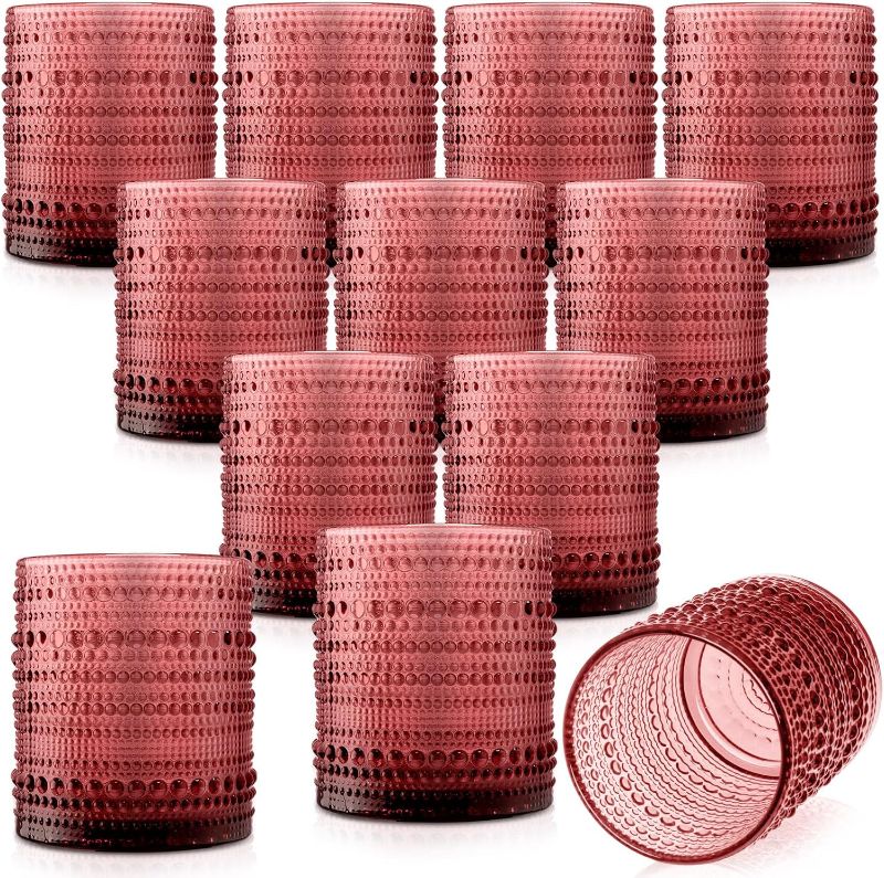 Photo 1 of 12 Pcs 13 oz Hobnail Drinking Glasses Bulk Vintage Beaded Glassware Old Fashioned Bubble Glasses Embossed Glassware Sets Colored Kitchen Glasses for Beverage Juice Water Coffee Milk Tea (Red)
