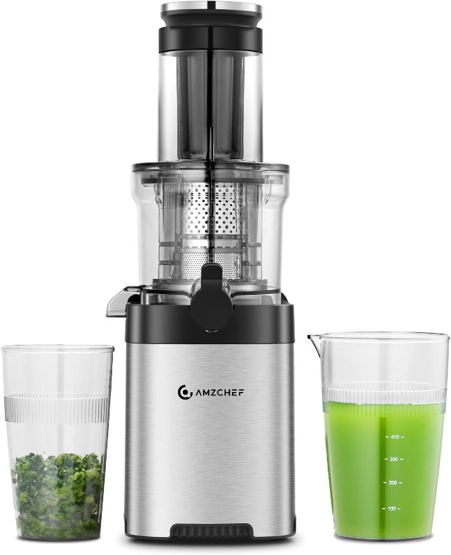 Photo 1 of AMZCHEF Cold Press Juicer - Juicer Machine with Large Feed Chute for Whole Fruits and Vegetables - Durable Stainless Steel Masticating Juicer, Large Auger, Double Strainers (sliver)