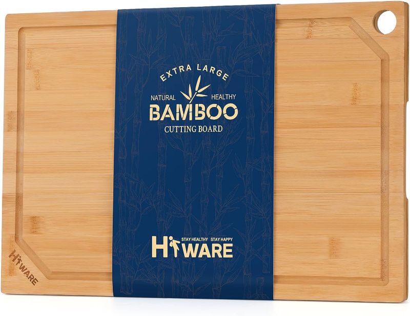 Photo 1 of 24 x 18 Extra Large Bamboo Serving Boards for Kitchen, Heavy Duty Wood Butcher Block Chopping Board with Handle and Juice Groove for Meat, Large Charcuterie Board, Over the Sink Cutting Board