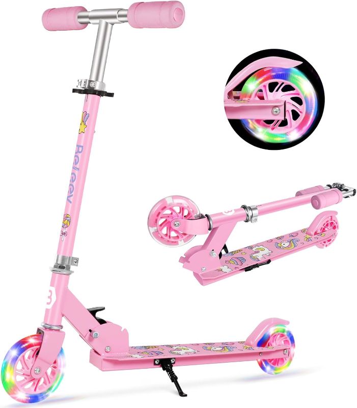 Photo 1 of BELEEV V1 Scooters for Kids, 2 Wheel Folding Kick Scooter for Girls Boys, 3 Adjustable Height, Light Up Wheels, Lightweight Scooter with Sturdy Frame, Kickstand for Children 3 to 12 Years Old
