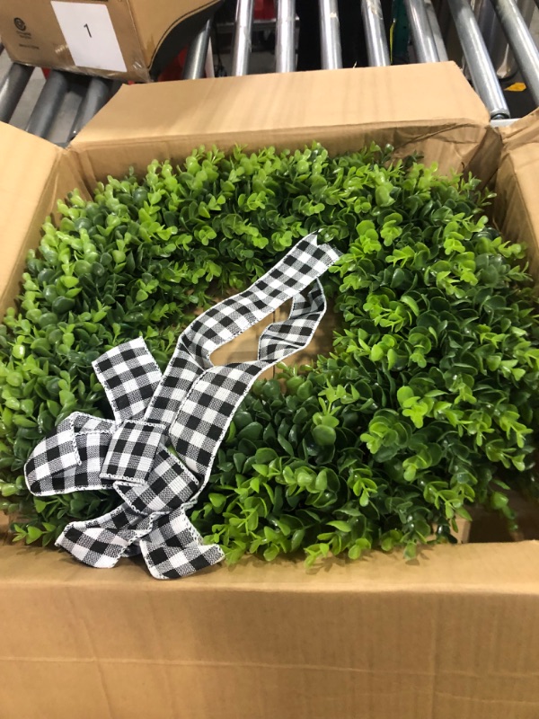 Photo 3 of 23" Faux Round Boxwood Wreath, Vlorart Artificial Boxwood Wreath Front Door Wreaths Artificial Spring Summer Greenery Hanging with A Plaid Bow for Front Door Wall Hanging Window Wedding Party Decor 23inch