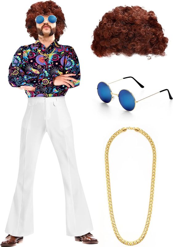 Photo 1 of Eurzom Disco Costume Set Including Men's Disco Shiny Shirt Pant Funky Afro Wig Necklace Sunglasses for 60/70/80/90s Party