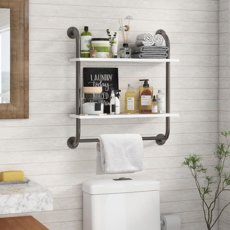 Photo 1 of 2 Tier White Bathroom Shelf Over Toilet 24 Inch, Industrial Pipe Shelves with Towel Bar Wall Mounted, Floating Shelves for Wall Bathroom Living Room Kitchen - White
