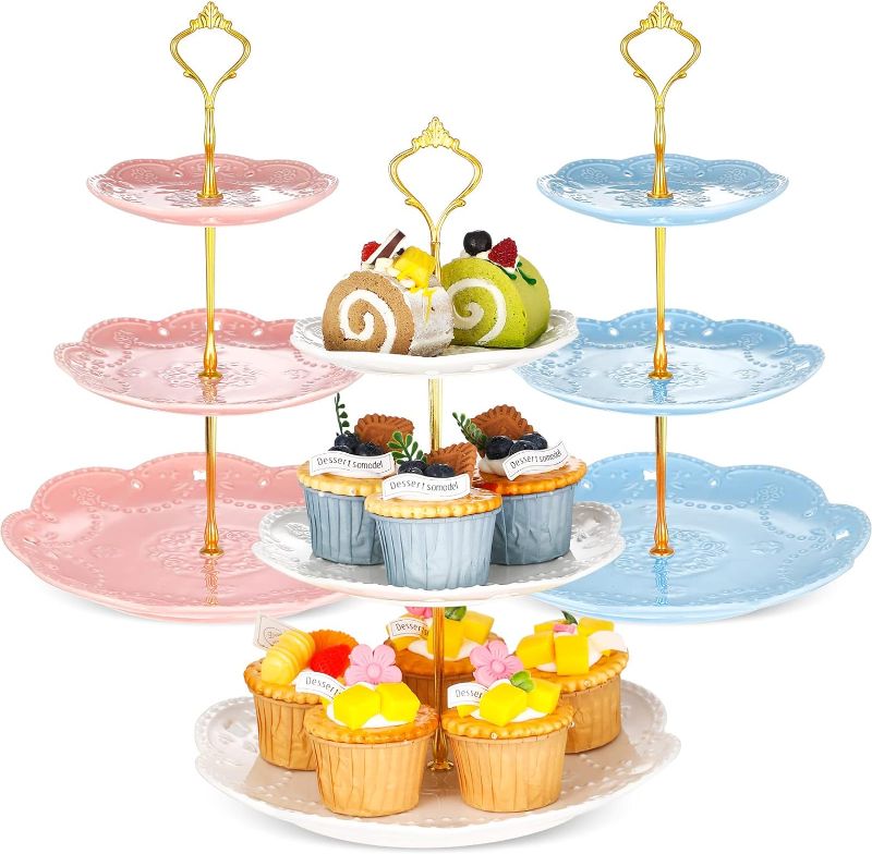Photo 1 of 3 Pack 3 Tier Serving Tray Ceramics Cake Stand Cupcake Holder Round Dessert Stand Display Tower Tray for Tea Party Birthday Wedding(White, Pink, Blue)
