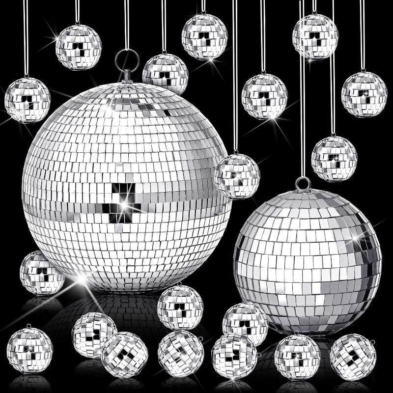 Photo 1 of 17 Pack Large Disco Ball Hanging Disco Ball Small Disco Ball Mirror Disco Balls Decorations for Party Wedding Dance and Music Festivals Decor Club Stage Props DJ Decoration (8, 6, 3.2 Inch)
