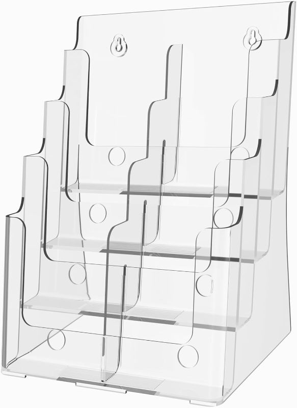 Photo 1 of Hemsyc Brochure Holder 4 Tier 8.5 x 11 Brochure Display Stand with Removable Divider for 4 x 9 Acrylic Brochure Holders Clear Flyer Holder Pamphlet Display Stand Literature Holder, 1 Pack
