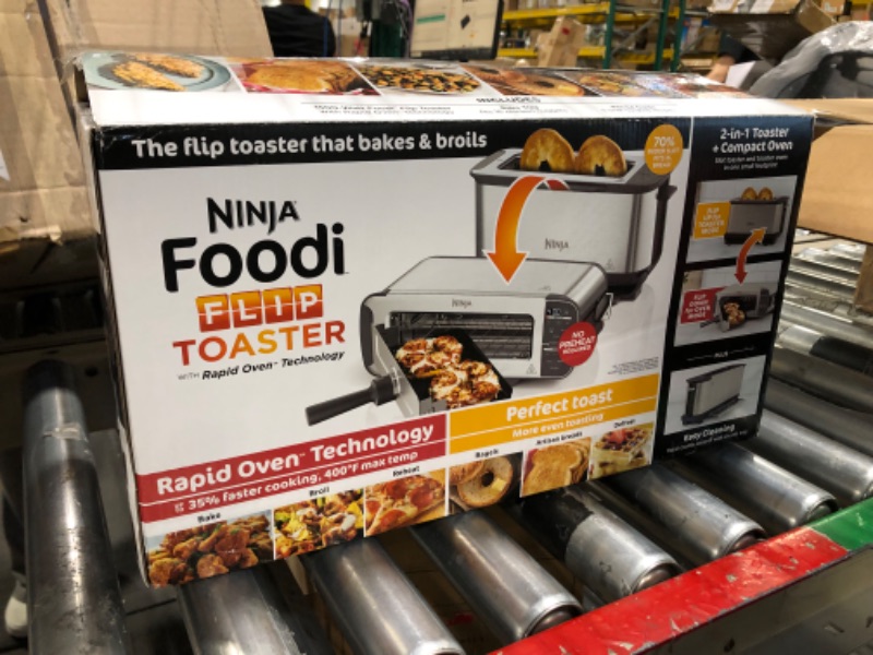 Photo 2 of **DAMAGED***Ninja ST100 Foodi 2-in-1 Flip Toaster, 2-Slice Capacity, Compact Toaster Oven, Snack Maker, 1500 Watts, Stainless Steel 4 Functions