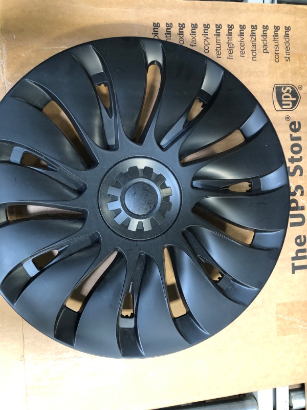 Photo 2 of LOZUZ Model Y Wheel Cover 19 Inch Wheel Replacement Hub Caps Set of 4 Blade Style 2020-2023 Model Y Gemini Wheel Cover Replacement 3 Sets of T Logos?Blade Style Black?****NO LOGO, ONE MISSING COVER
