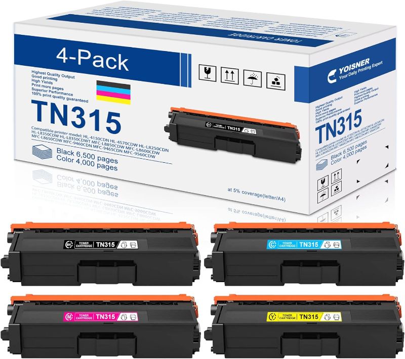 Photo 1 of TN315 Toner Cartridge: 4-Pack High Yield TN315BK, TN315C, TN315M, TN315Y Replacement for Brother HL-4140CW HL-4570CDW HL-4570CDWT MFC-9560CDW MFC-9970CDW Printer
***Yellow was the only one opened*** 
