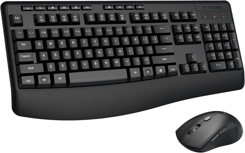 Photo 1 of Wireless Keyboard and Mouse Combo, E-YOOSO 2.4GHz Full-Sized Ergonomic Wireless Keyboard with Wrist Rest, 3 DPI Adjustable and 6 Buttons Cordless USB Mouse for Computer, Laptop, PC, Windows (Black)

