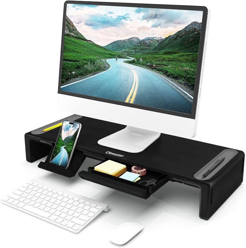 Photo 1 of Monitor Stand Riser, Foldable Computer Monitor Riser, Adjustable Height Computer Stand and Storage Drawer & Pen Slot, Phone Stand Compatible Computer, Desktop, Laptop, Save Space (Black)
