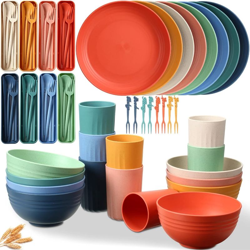 Photo 1 of 56 Pieces Wheat Straw Dinnerware Set Unbreakable Plastic Plate and Bowl Dishes for Kids Travel Picnic Camping Dishes Colorful Dinner Plates Dishwasher Microwave Safe Reusable Lightweight Tableware
