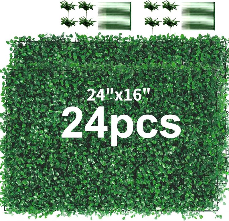 Photo 1 of 24 Pieces 24"x 16" Artificial Boxwood Panel, Grass Wall Panel, Boxwood Hedge Wall Panels UV Protected Suitable for Artificial Green Wall Decor, Fence Garden Wedding Backyard Decor