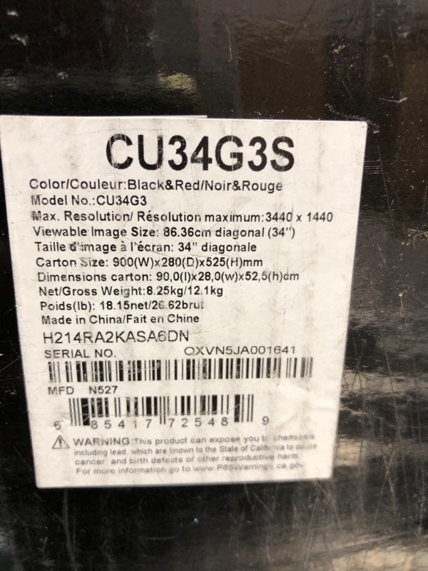 Photo 3 of AOC CU34G3S 34" Frameless Curved Ultrawide Gaming Monitor, WQHD 3440 x1440, 165Hz 1ms, FreeSync Premium, Height Adjustable, 3-Year Zero-Bright-dot, Black 34" WQHD Curved Screen 165Hz Low Latency