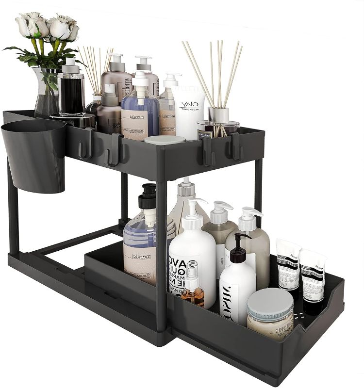 Photo 1 of 2-Tier Under Sink Organizer, Sliding Under Bathroom Cabinet Storage Drawer Organizer with Hooks, Multi-purpose Under Sink Shelf Organizer, Black
***Stock photo shows a similar item, not exact*** 