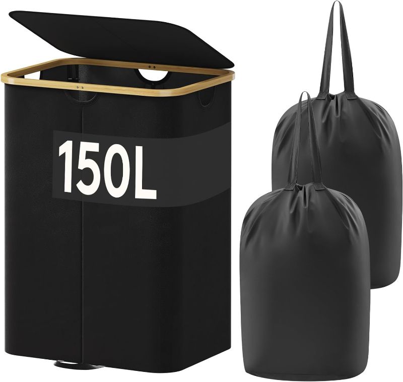 Photo 1 of ***NO STRUCTURE POLES***

Lifewit 150L Double Laundry Hamper with Lid, Large Laundry Basket with Bamboo Handles and Removable Laundry Bags, Foldable Clothes Hampers for Laundry for Bedroom, Bathroom, Dorm, Laundry Room, Black
