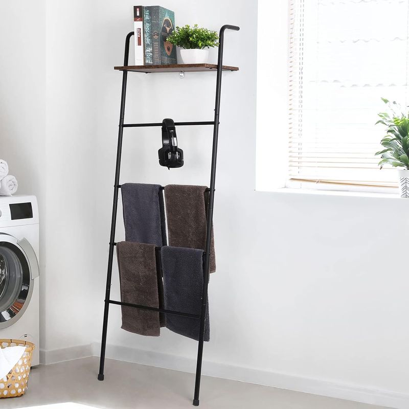 Photo 1 of  Blanket Ladder Towel Ladder for Bathroom Blanket Ladder with Shelf Ladder Blanket Holder for Living Room Farmhouse 5-Tier Wall-Leaning Ladder Shelf Metal Quilt Rack, Black and Brown
***No hardware (bolts)*** 