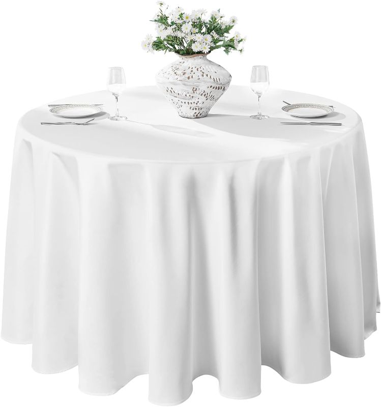 Photo 1 of 10 Pack 120inch Round Tablecloth Polyester Table Cloth?Stain Resistant and Wrinkle Polyester Dining Table Cover for Kitchen Dinning Party Wedding Rectangular Tabletop Buffet Decoration(White)