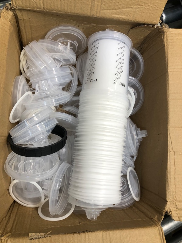 Photo 1 of Aflybltol Disposable Paint Sprayer Mixing Cup for Automotive Paint Gun, HVLP Paint Spray Paint Gun 27 Ounce (800ml) Kit with 45 Cups and Lids Systerm, 1 Hard Cup with Retainer Ring and 10 Plugs 27 Ounce Cup Kit