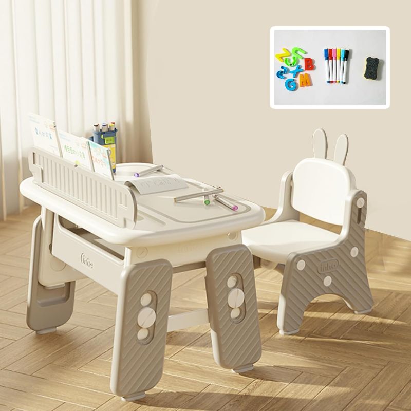 Photo 1 of **USED** Kids Table and Chair Set with Drawing Desktop and Bookshelf, 4th Gear Height Adjustment Toller Table for Ages 3-11, A Easy to Clean Children's Table for Playing, Drawing, Reading or Eating.(Grey)