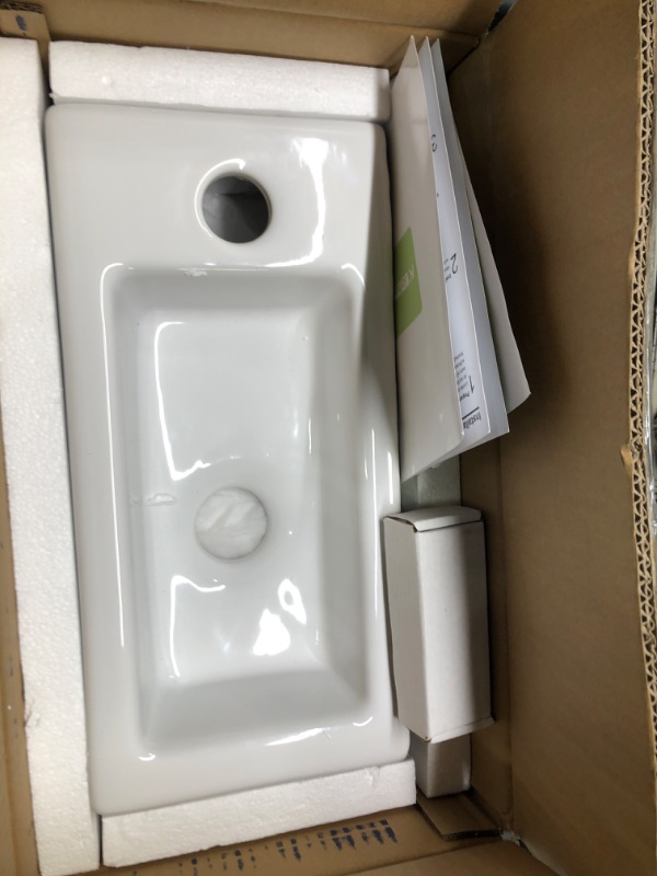 Photo 3 of Wall Mount Hung Small Vessel Sink - Kichae Floating Bathroom Sink Rectangle 15" x 7" Modern Bathroom White Porcelain Ceramic Vessel Vanity Sink with Faucet Hole Right Hand 15x7-Right Hand White