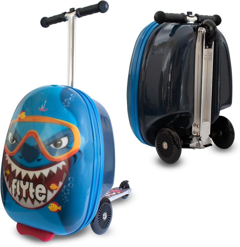 Photo 1 of Flyte Scooter Suitcase Folding Kids Luggage – Stormy the Shark, 18 Inch Hardshell, Ride On with Wheels, 2-in-1, 25 Litre Capacity