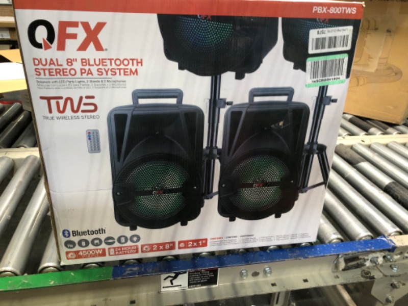 Photo 2 of PBX-800TWS 8-Inch Bluetooth Stereo PA System Comes with 2X 8 Speakers and 2X Stands, 2X Microphones, and a Remote Control