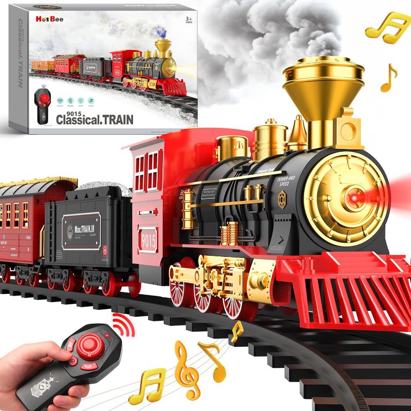 Photo 1 of Hot Bee Train Set - Train Toys for Boys w/Smokes, Lights & Sound, Tracks, Toy Train w/Steam Locomotive, Cargo Cars & Tracks, Toddler Model Train Set for 3 4 5 6 7 8+ Year Old Kids Birthday Gifts